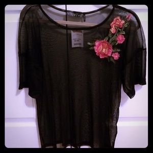 Potter's Pot Mesh Nylon Black Floral Top